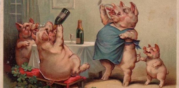 ретро открытка символ года свинья